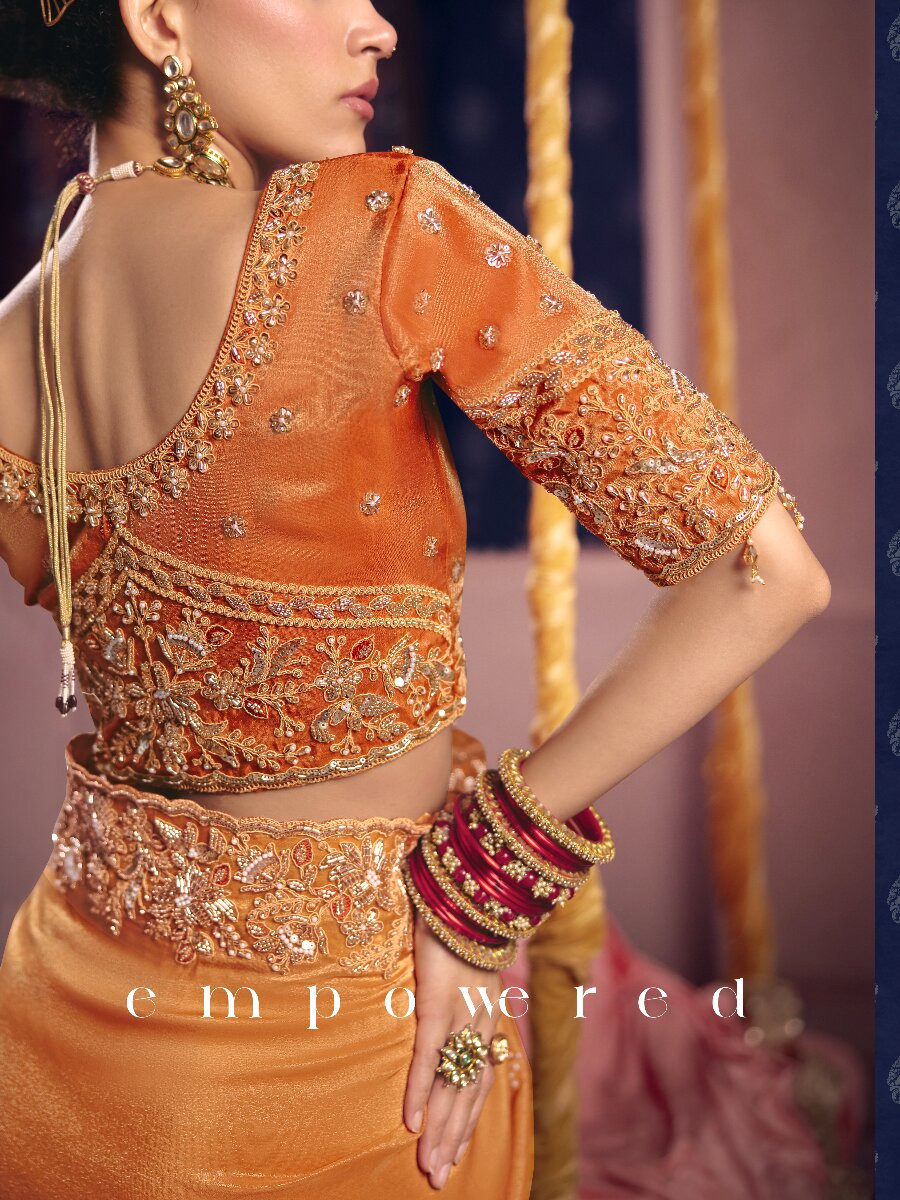 Orange Tissue Silk Embroidery Sequins Zari Wedding Party Festival Casual Heavy Border Sarees