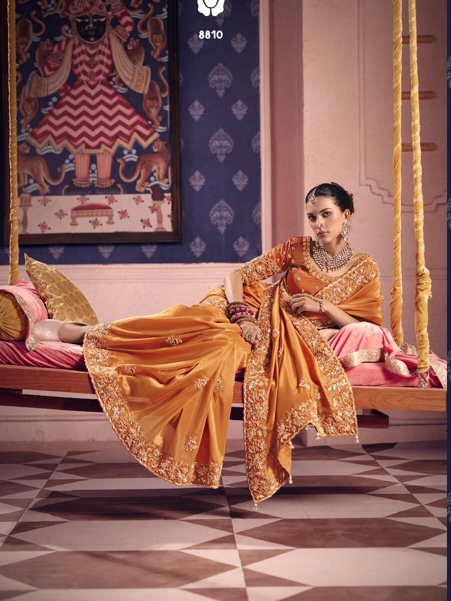 Orange Tissue Silk Embroidery Sequins Zari Wedding Party Festival Casual Heavy Border Sarees