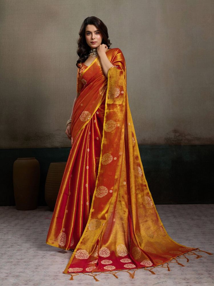 Image of Orange Tissue Silk Handwoven Wedding Reception Party Casual Heavy Border Sarees