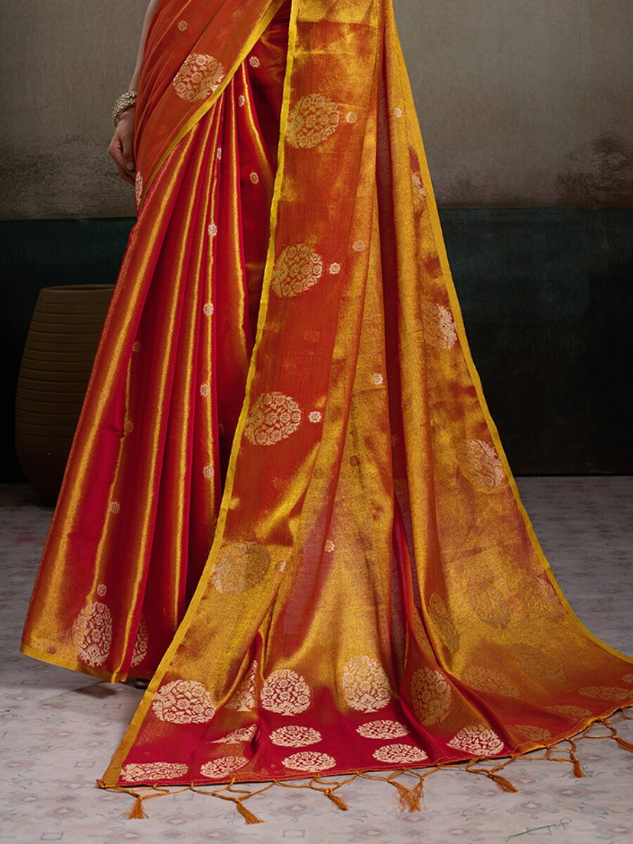 Orange Tissue Silk Handwoven Wedding Reception Party Casual Heavy Border Sarees