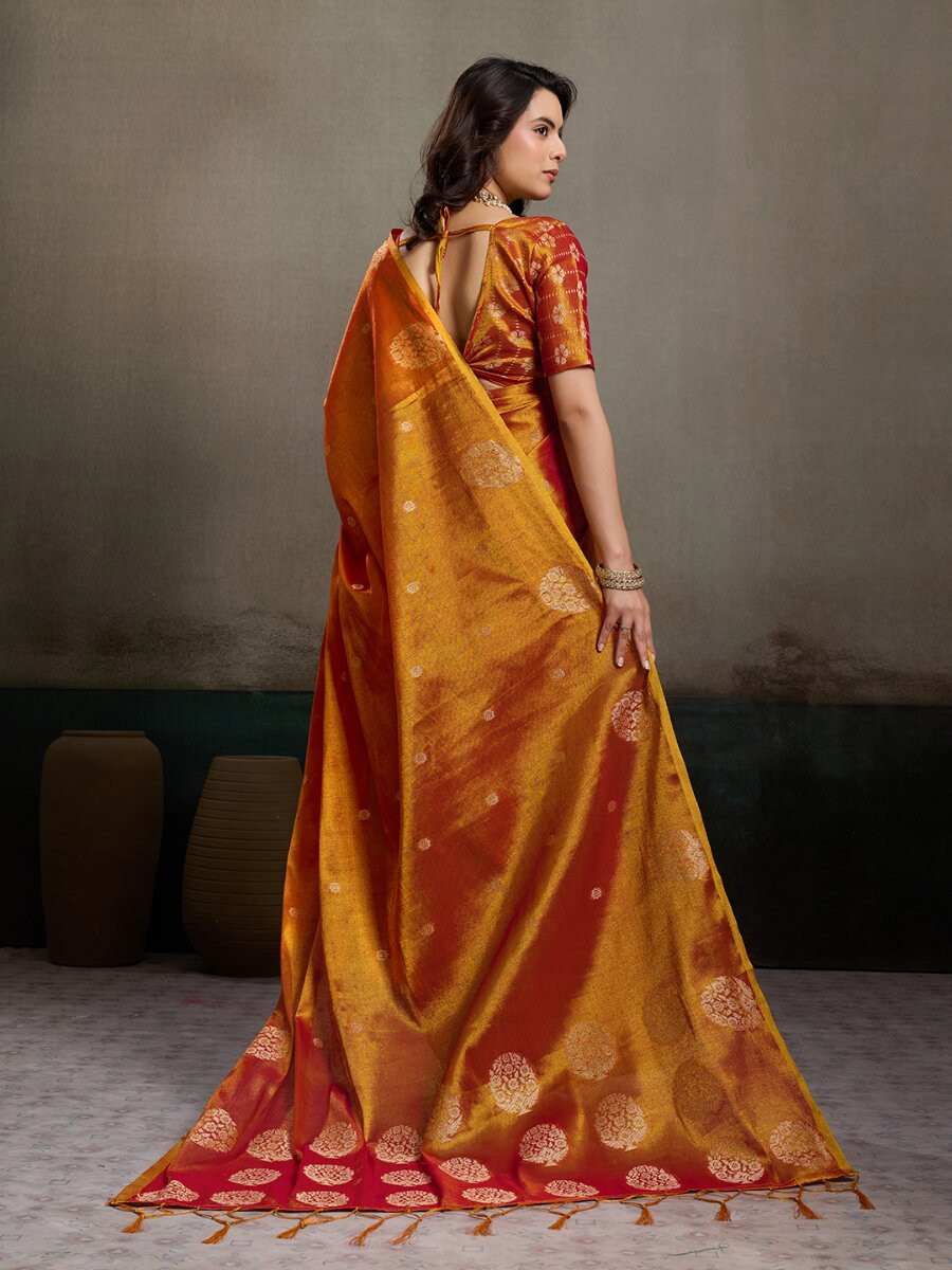 Orange Tissue Silk Handwoven Wedding Reception Party Casual Heavy Border Sarees