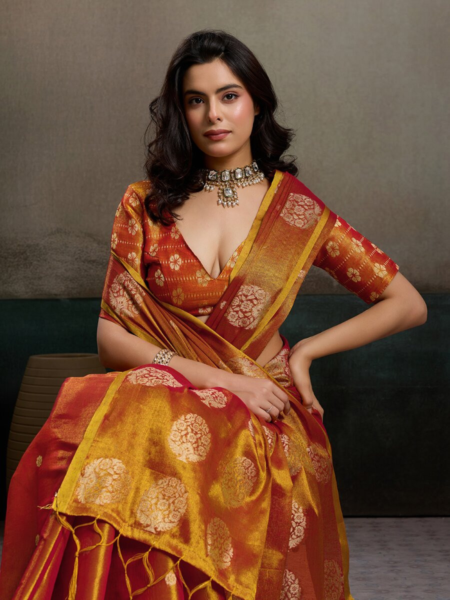 Orange Tissue Silk Handwoven Wedding Reception Party Casual Heavy Border Sarees
