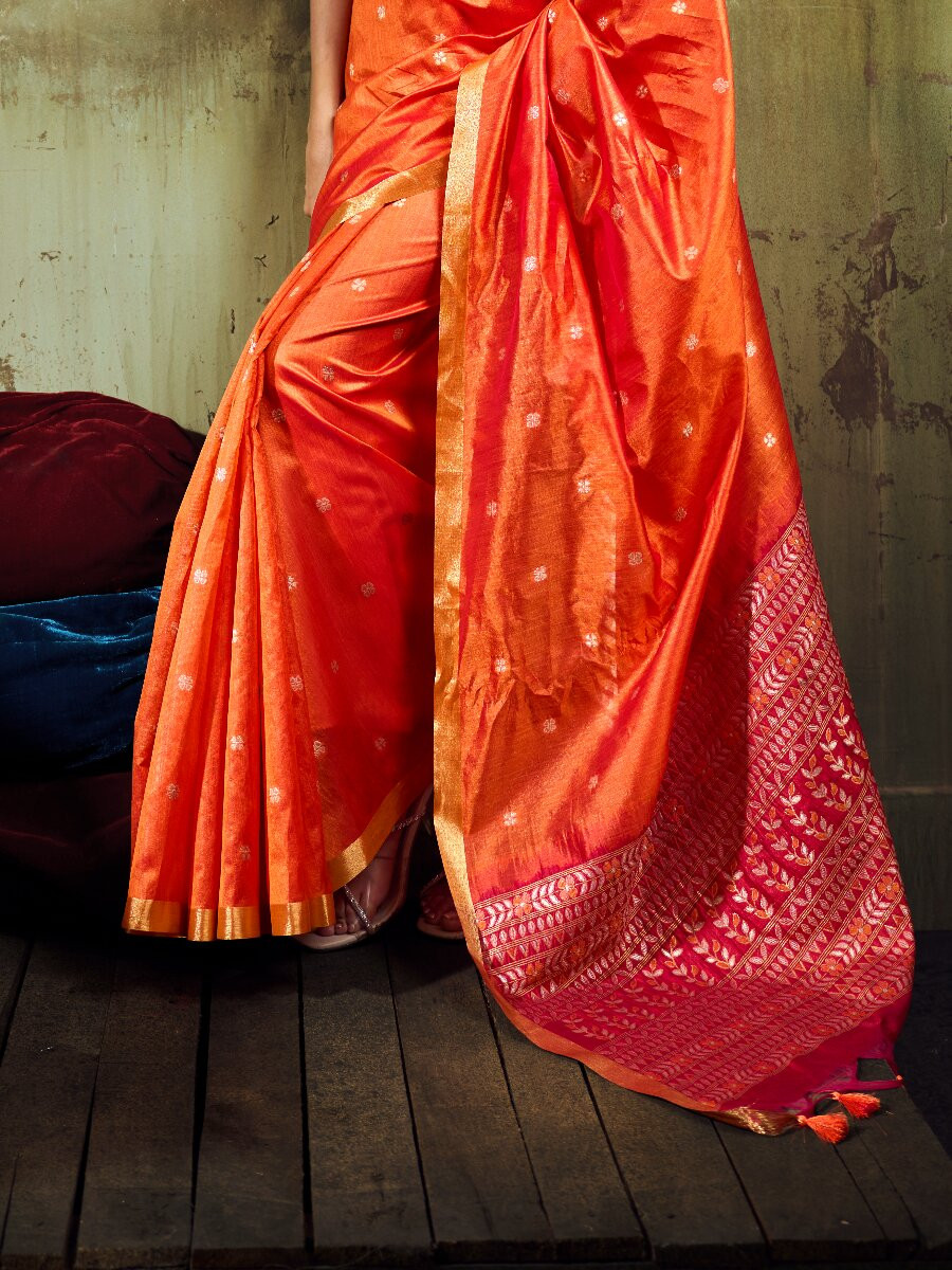 Orange Tussar Silk Handwoven Weaving Wedding Reception Party Festival Heavy Border Sarees