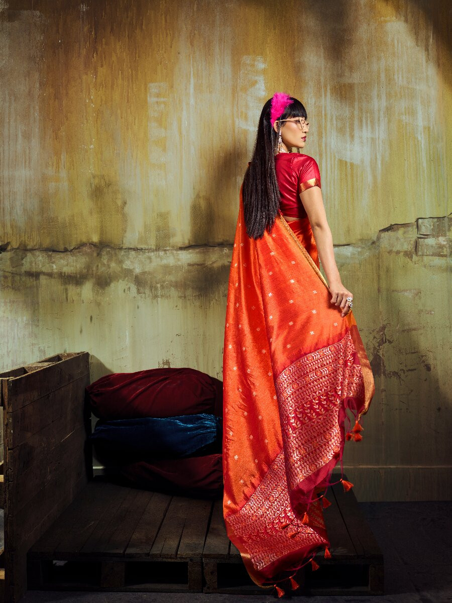 Orange Tussar Silk Handwoven Weaving Wedding Reception Party Festival Heavy Border Sarees