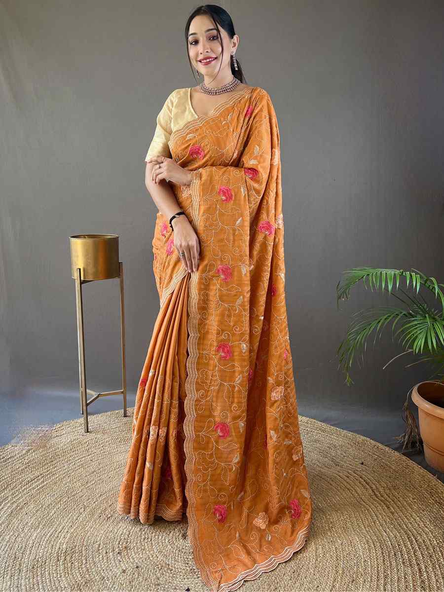 Orange Tussar Silk Handwoven Wedding Festival Heavy Border Saree