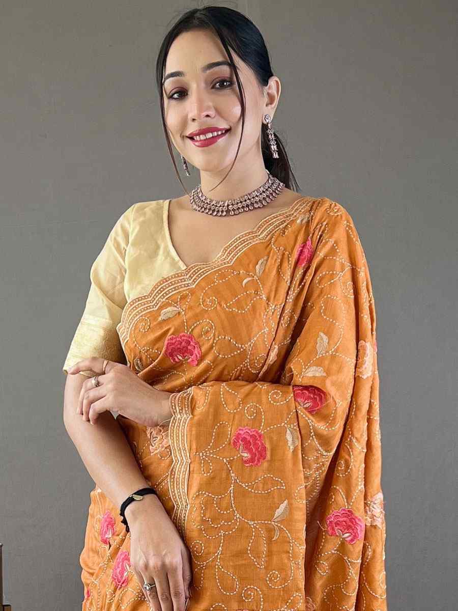 Orange Tussar Silk Handwoven Wedding Festival Heavy Border Saree