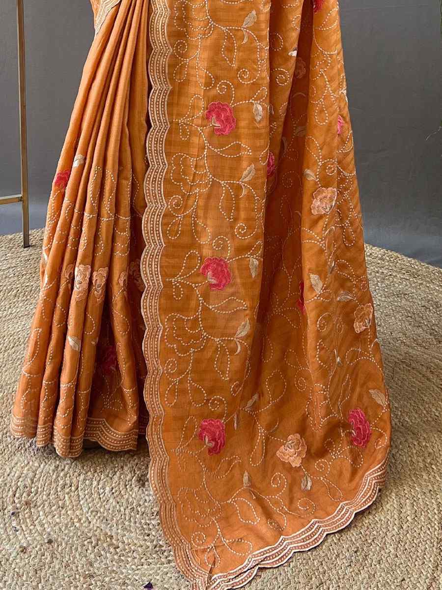 Orange Tussar Silk Handwoven Wedding Festival Heavy Border Saree