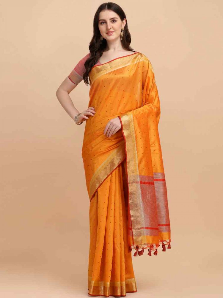 Orange Tussar Silk Handwoven Wedding Festival Heavy Border Saree