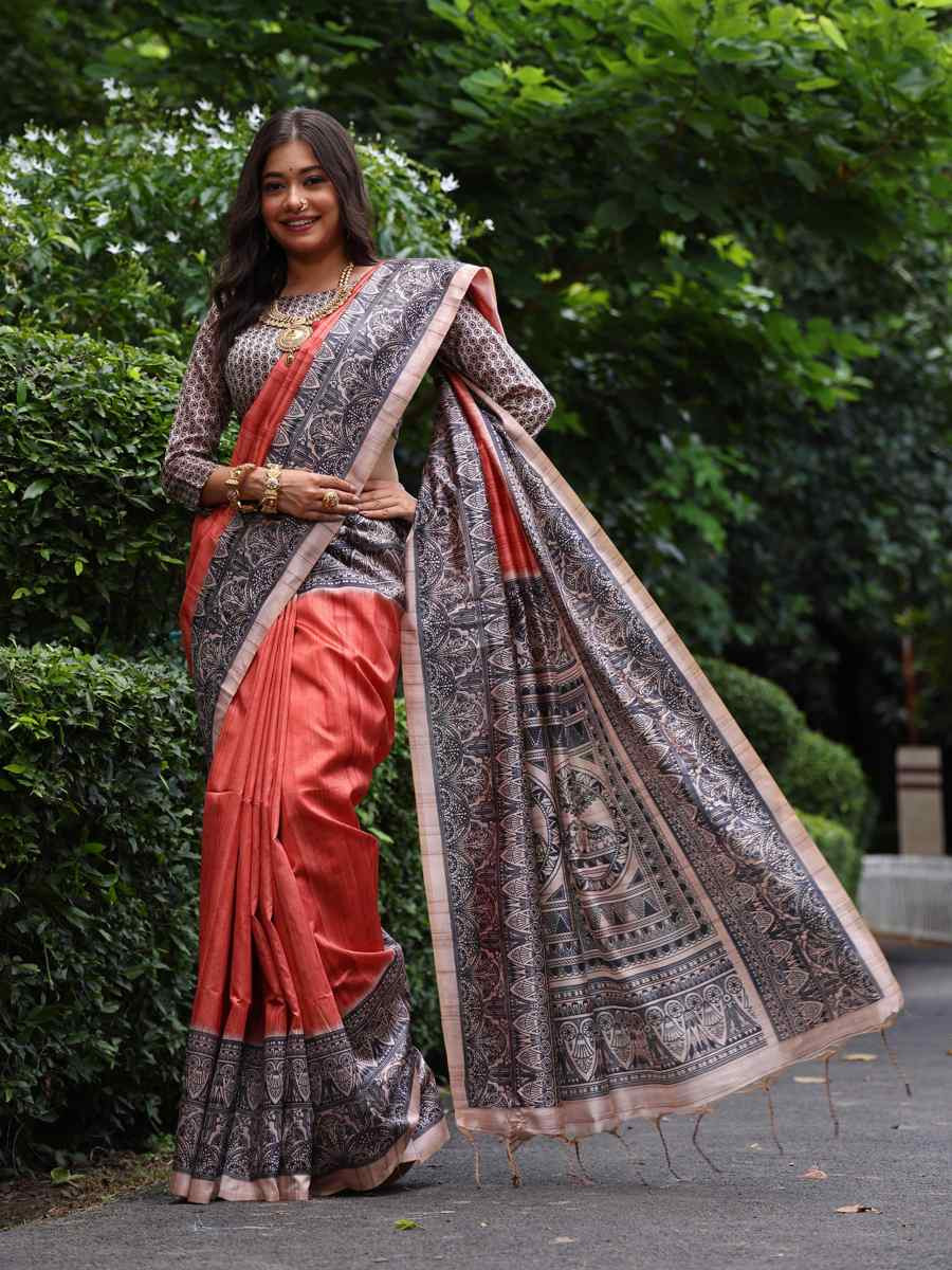 Orange Tussar silk Printed Festival Casual Classic Style Saree