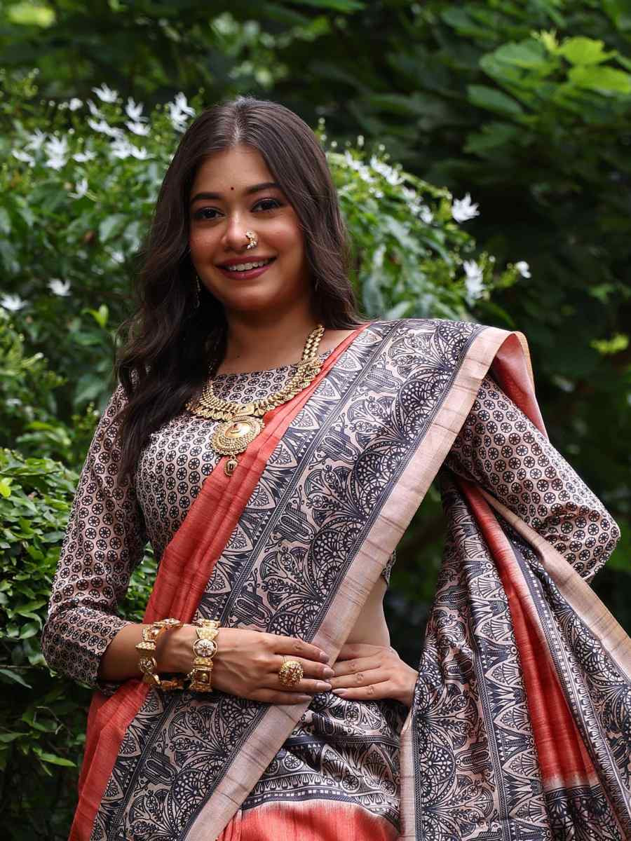 Orange Tussar silk Printed Festival Casual Classic Style Saree