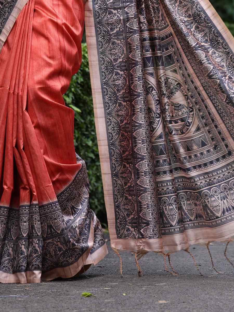 Orange Tussar silk Printed Festival Casual Classic Style Saree