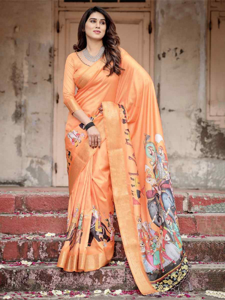 Image of Orange Tussar Silk Zari Handwoven Printed Casual Reception Festival Wedding Fancy Heavy Border Saree