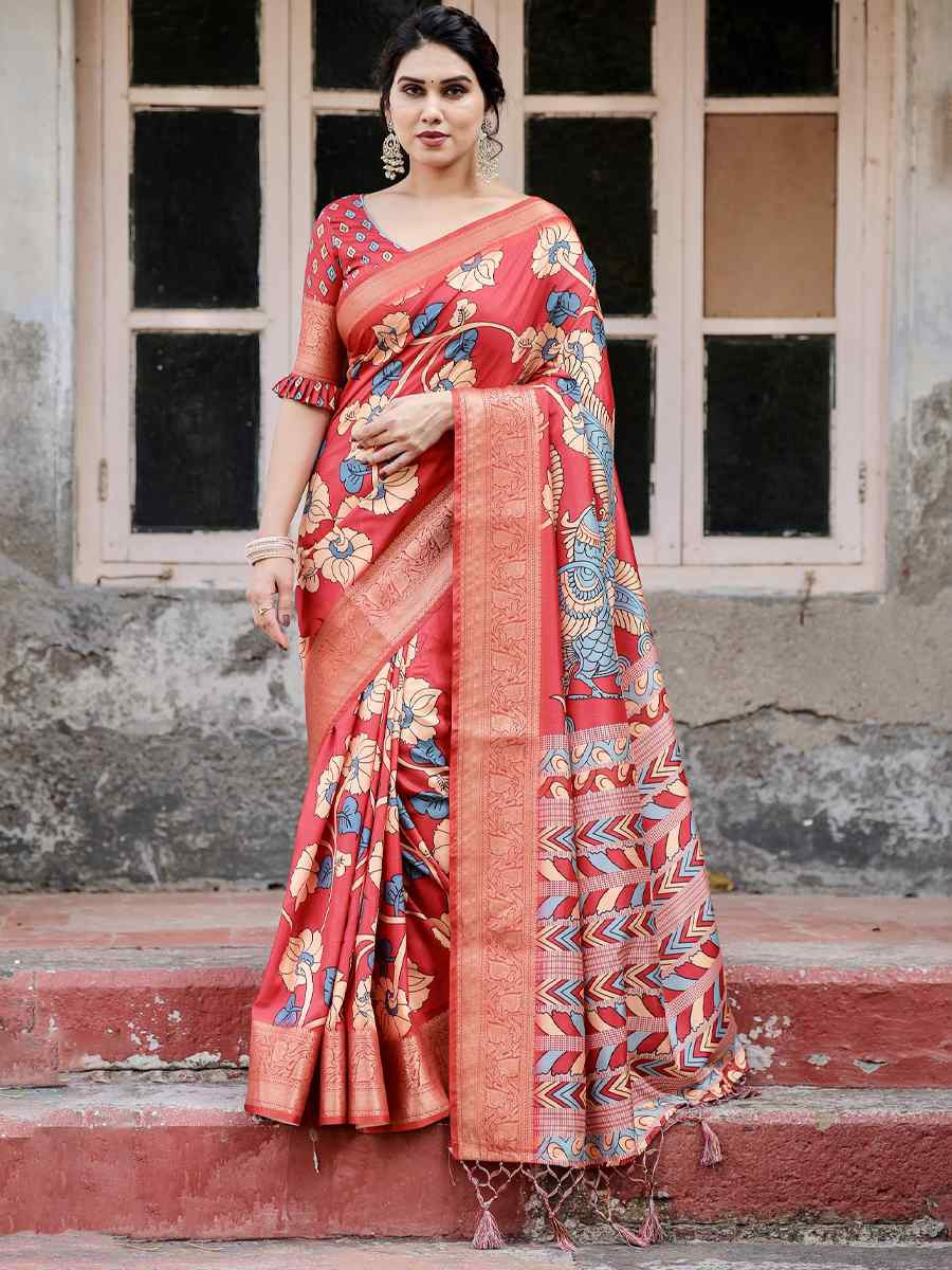 Orange Tussar Silk Zari Handwoven Printed Casual Reception Festival Wedding Fancy Heavy Border Saree
