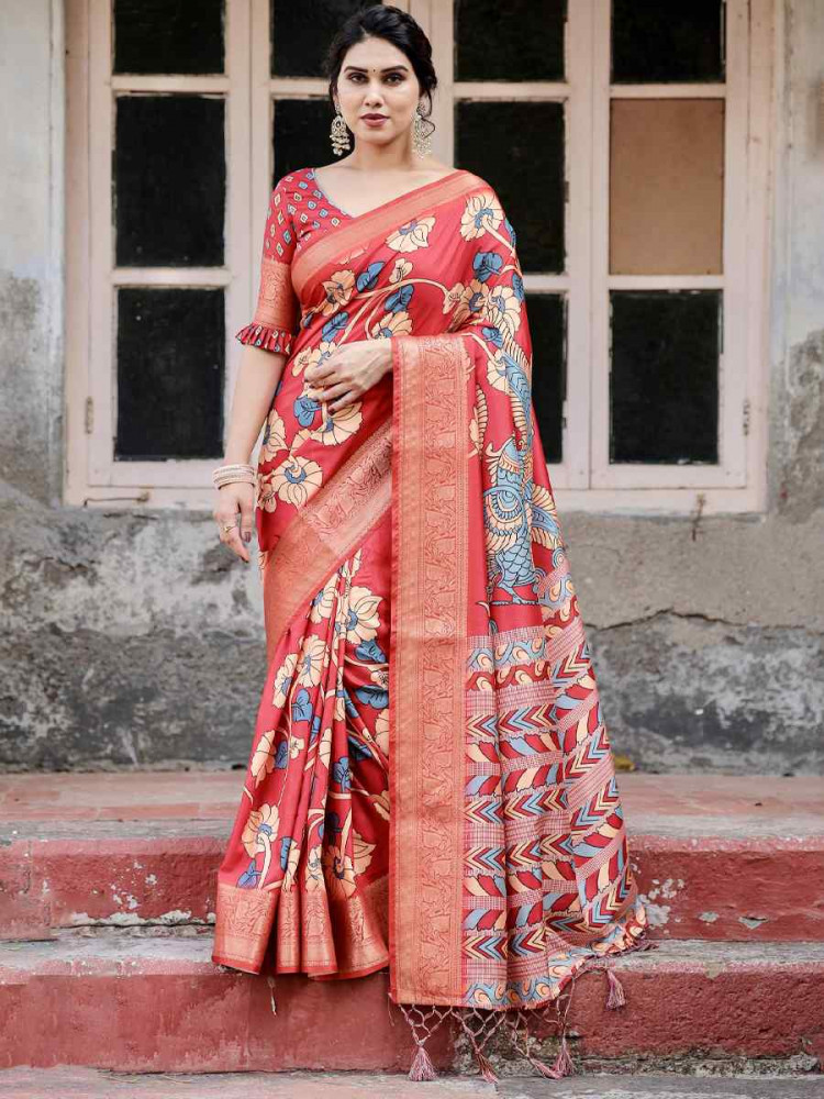 Image of Orange Tussar Silk Zari Handwoven Printed Casual Reception Festival Wedding Fancy Heavy Border Saree