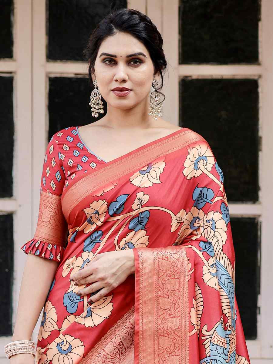 Orange Tussar Silk Zari Handwoven Printed Casual Reception Festival Wedding Fancy Heavy Border Saree