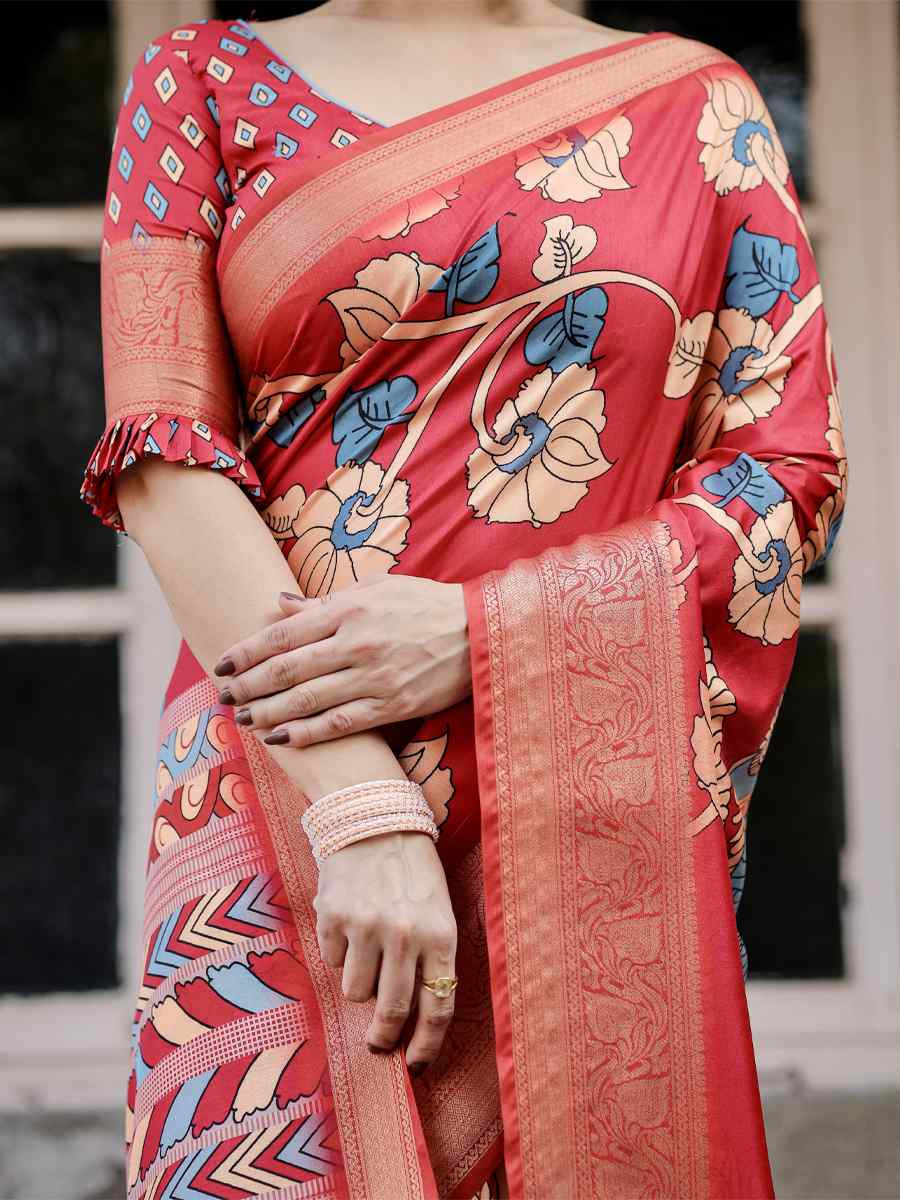 Orange Tussar Silk Zari Handwoven Printed Casual Reception Festival Wedding Fancy Heavy Border Saree