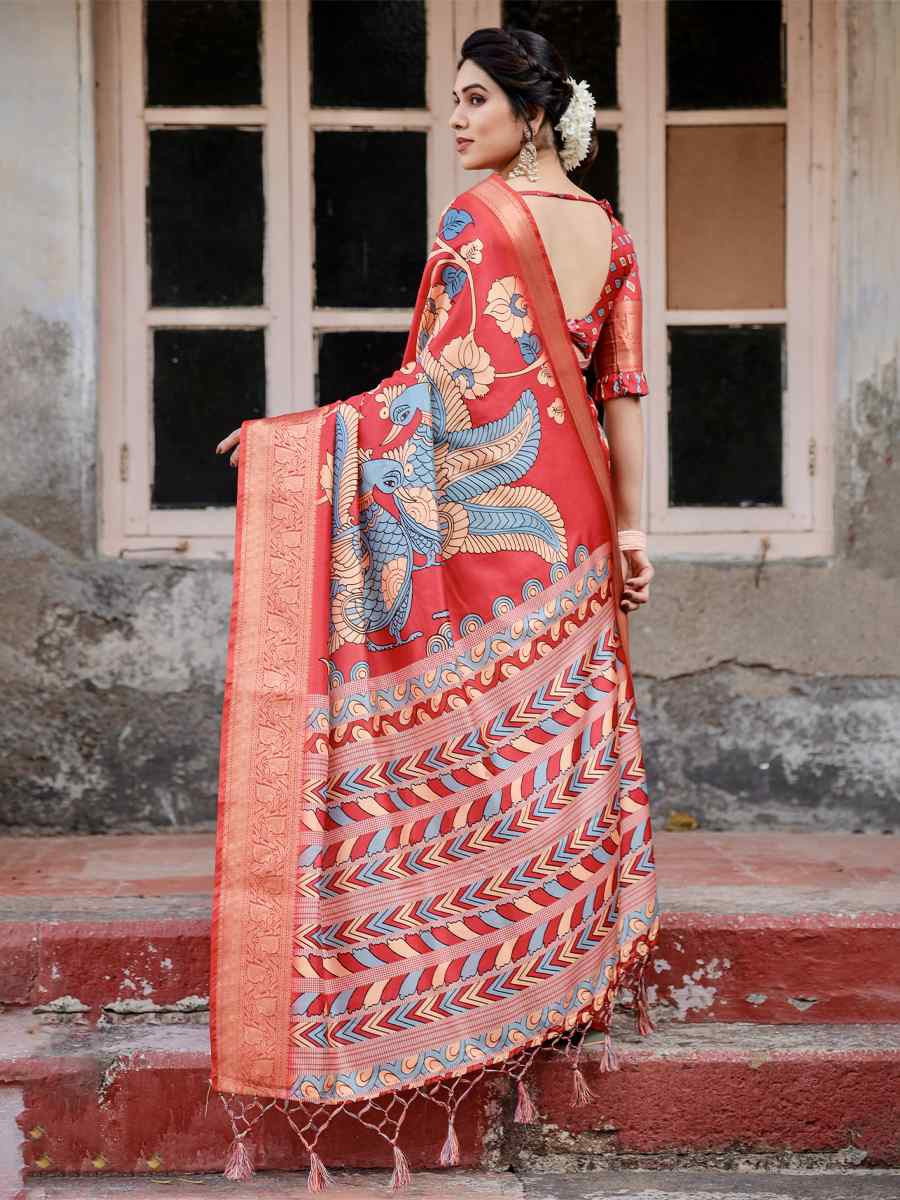 Orange Tussar Silk Zari Handwoven Printed Casual Reception Festival Wedding Fancy Heavy Border Saree