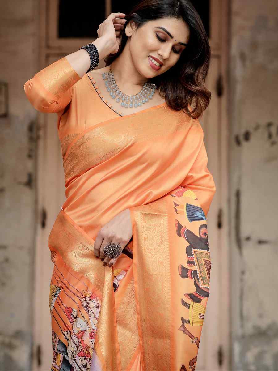 Orange Tussar Silk Zari Handwoven Printed Casual Reception Festival Wedding Fancy Heavy Border Saree
