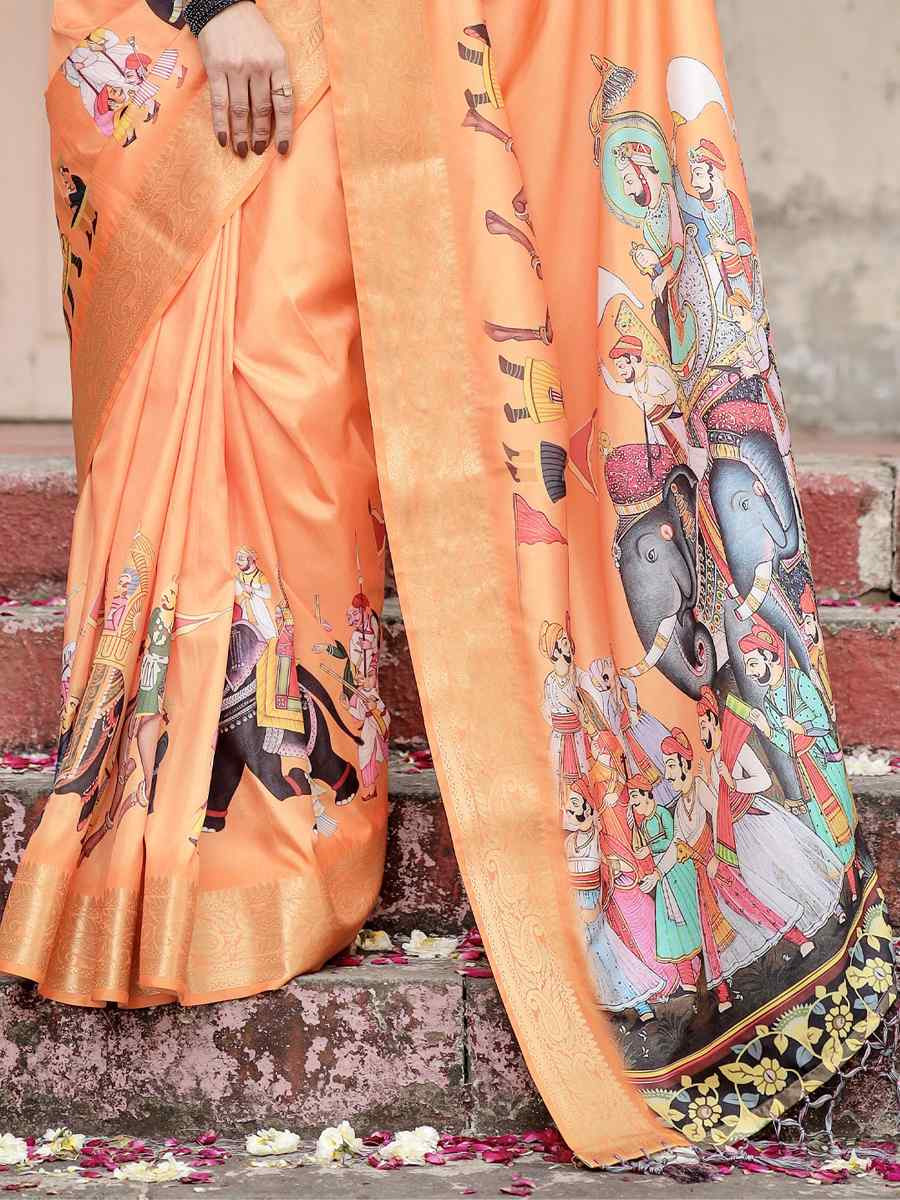 Orange Tussar Silk Zari Handwoven Printed Casual Reception Festival Wedding Fancy Heavy Border Saree