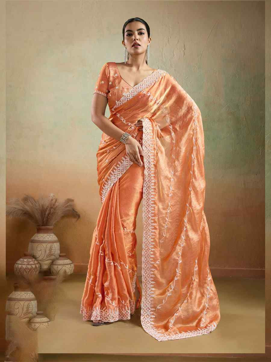 Orange Velvet Chiffon Embroidery Traditional Bridal Reception Festival Wedding Fancy Heavy Border Saree