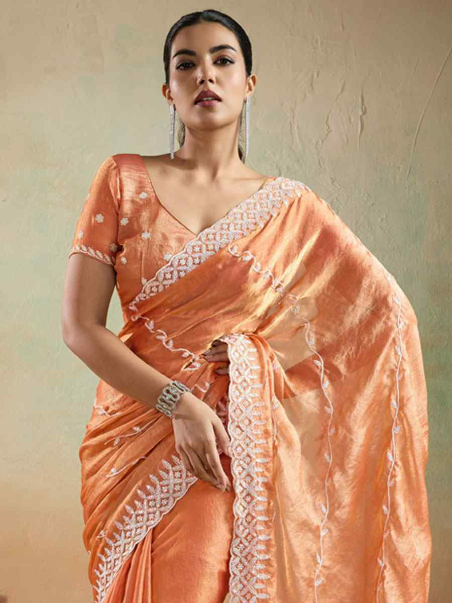 Orange Velvet Chiffon Embroidery Traditional Bridal Reception Festival Wedding Fancy Heavy Border Saree