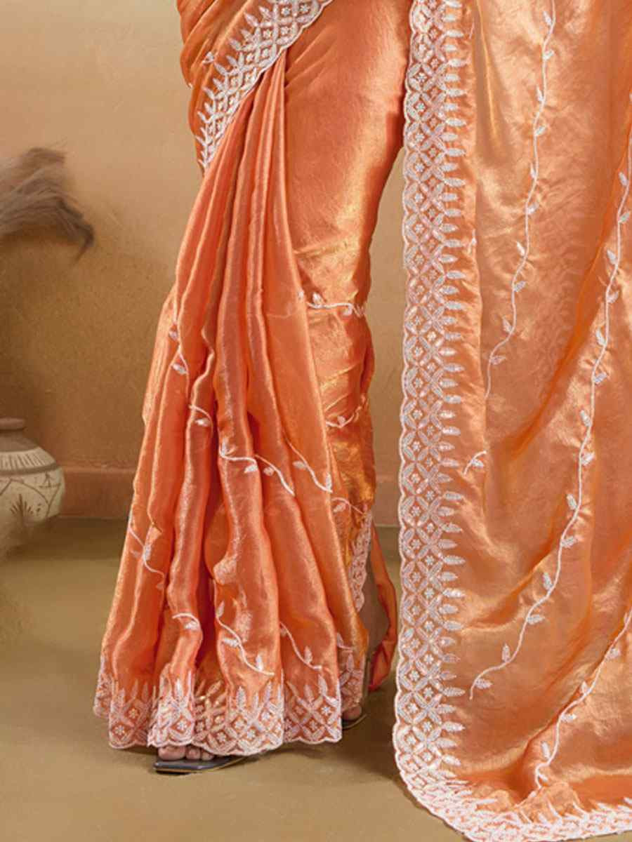 Orange Velvet Chiffon Embroidery Traditional Bridal Reception Festival Wedding Fancy Heavy Border Saree