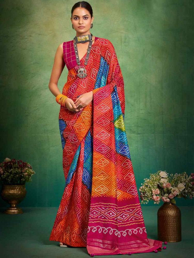 Image of Orange Velvet Tussar Silk Printed Causal Reception Festival Wedding Fancy Classic Style Saree