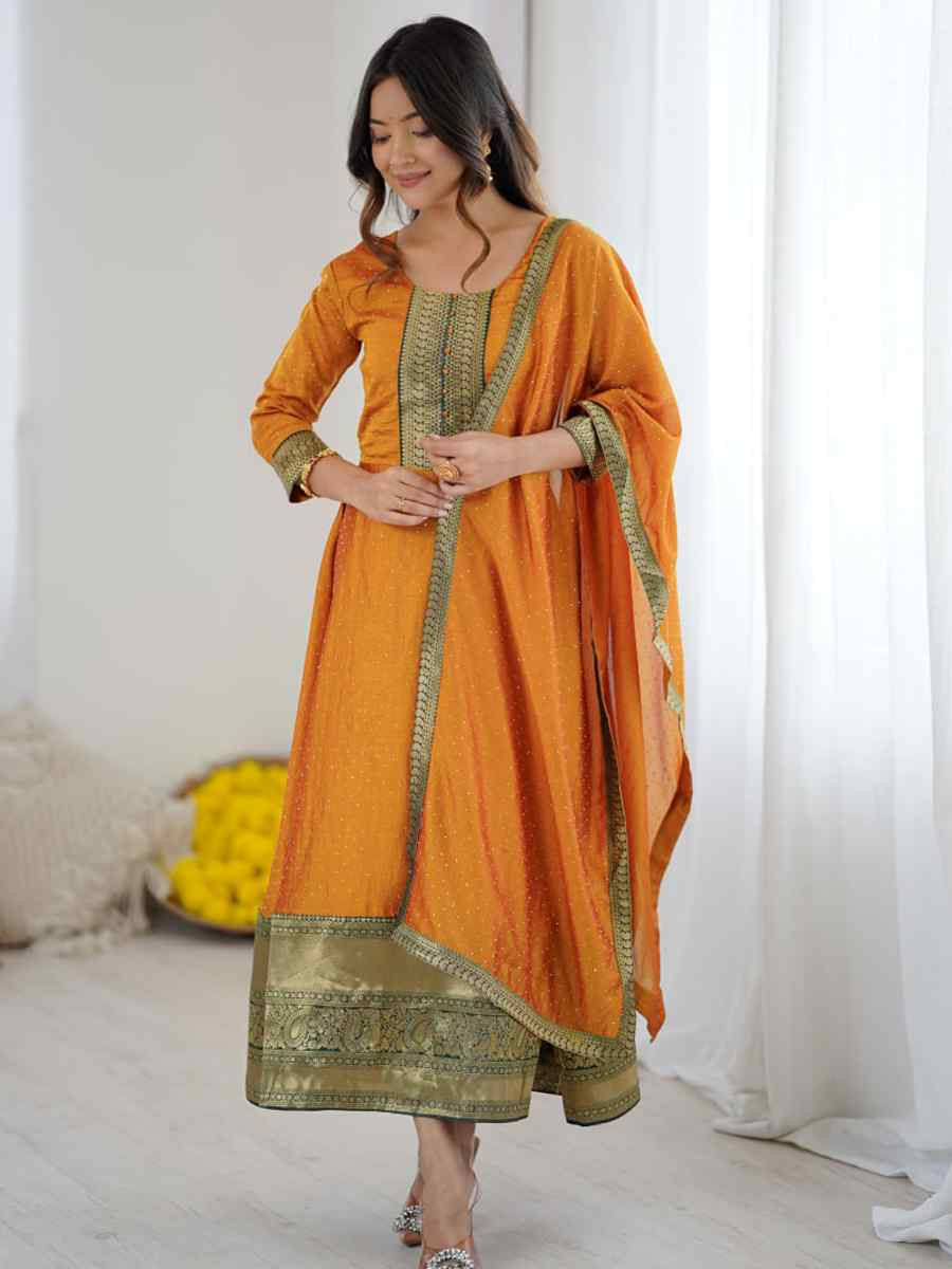 Orange Vichitra Silk Embroidered Festival Casual Gown Women Wear