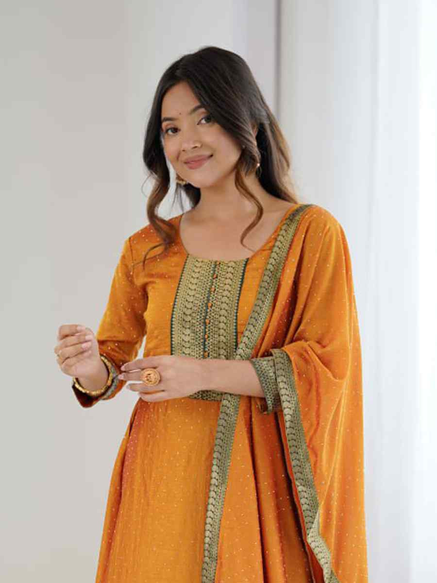 Orange Vichitra Silk Embroidered Festival Casual Gown Women Wear