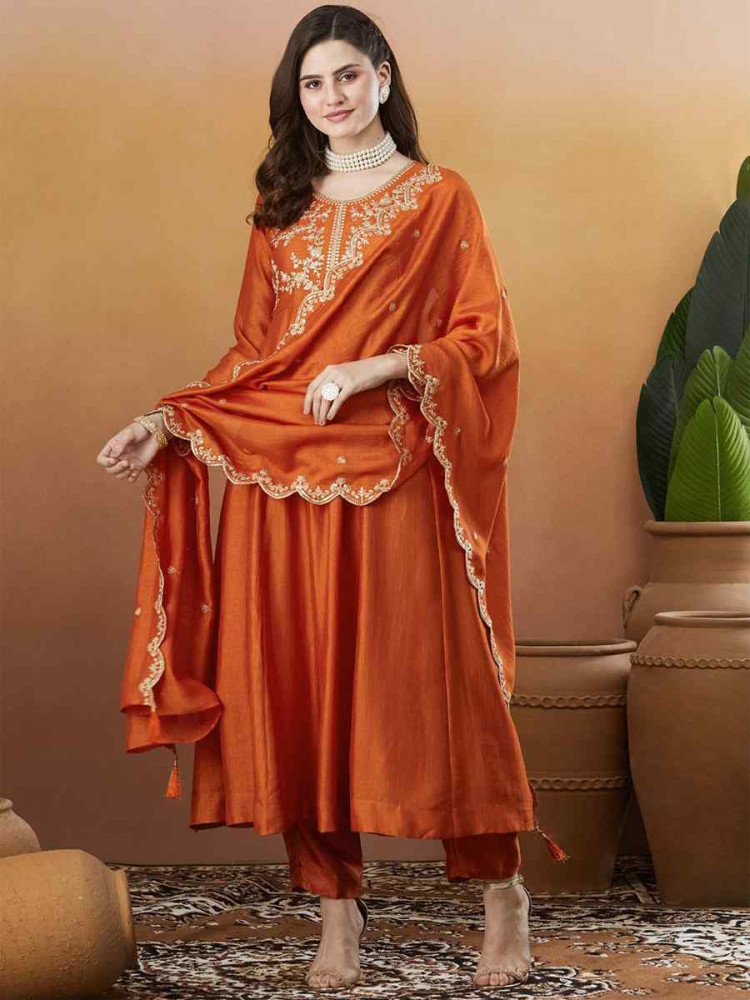 Image of Orange Vichitra Silk Embroidery Party Wedding Festival Casual Ready Anarkali Pant Salwar Kameez