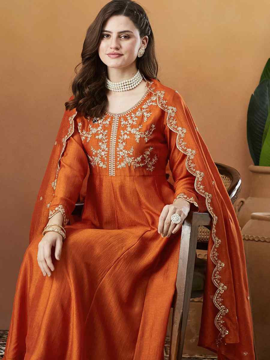 Orange Vichitra Silk Embroidery Party Wedding Festival Casual Ready Anarkali Pant Salwar Kameez