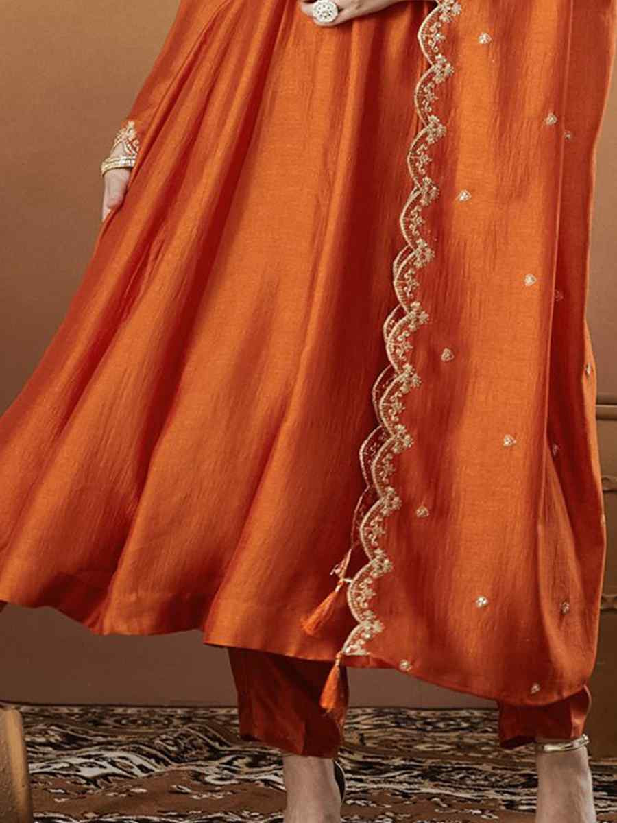 Orange Vichitra Silk Embroidery Party Wedding Festival Casual Ready Anarkali Pant Salwar Kameez