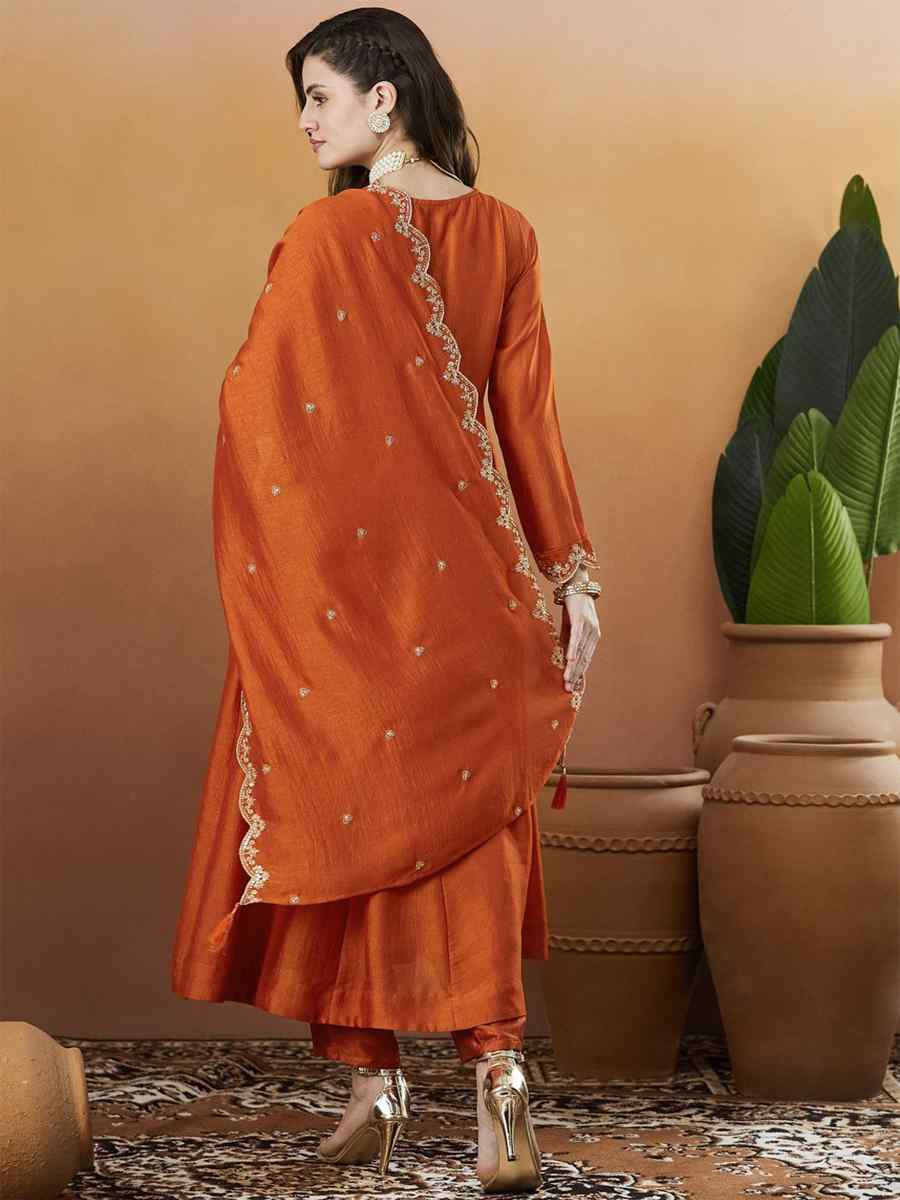 Orange Vichitra Silk Embroidery Party Wedding Festival Casual Ready Anarkali Pant Salwar Kameez