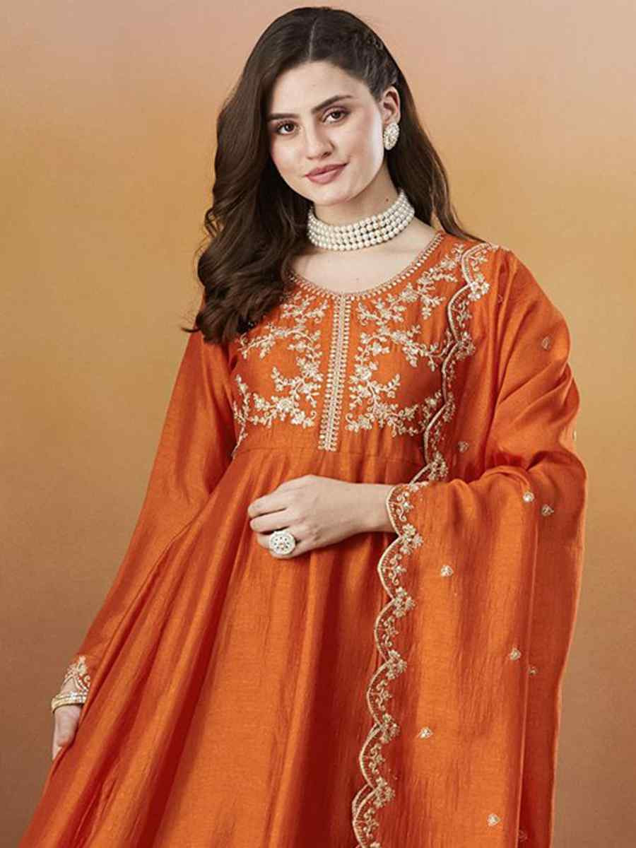 Orange Vichitra Silk Embroidery Party Wedding Festival Casual Ready Anarkali Pant Salwar Kameez