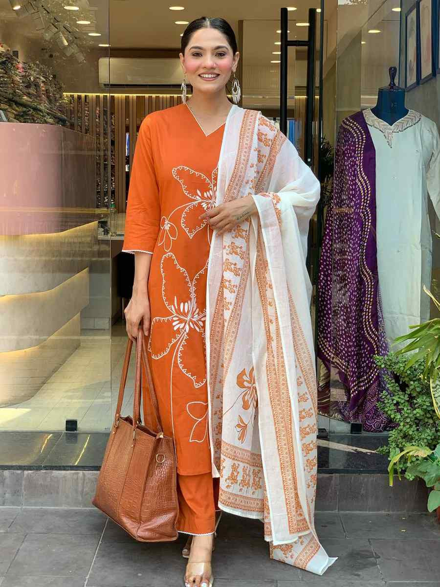 Orange Viscose Chanderi Embroidered Festival Casual Ready Pant Salwar Kameez