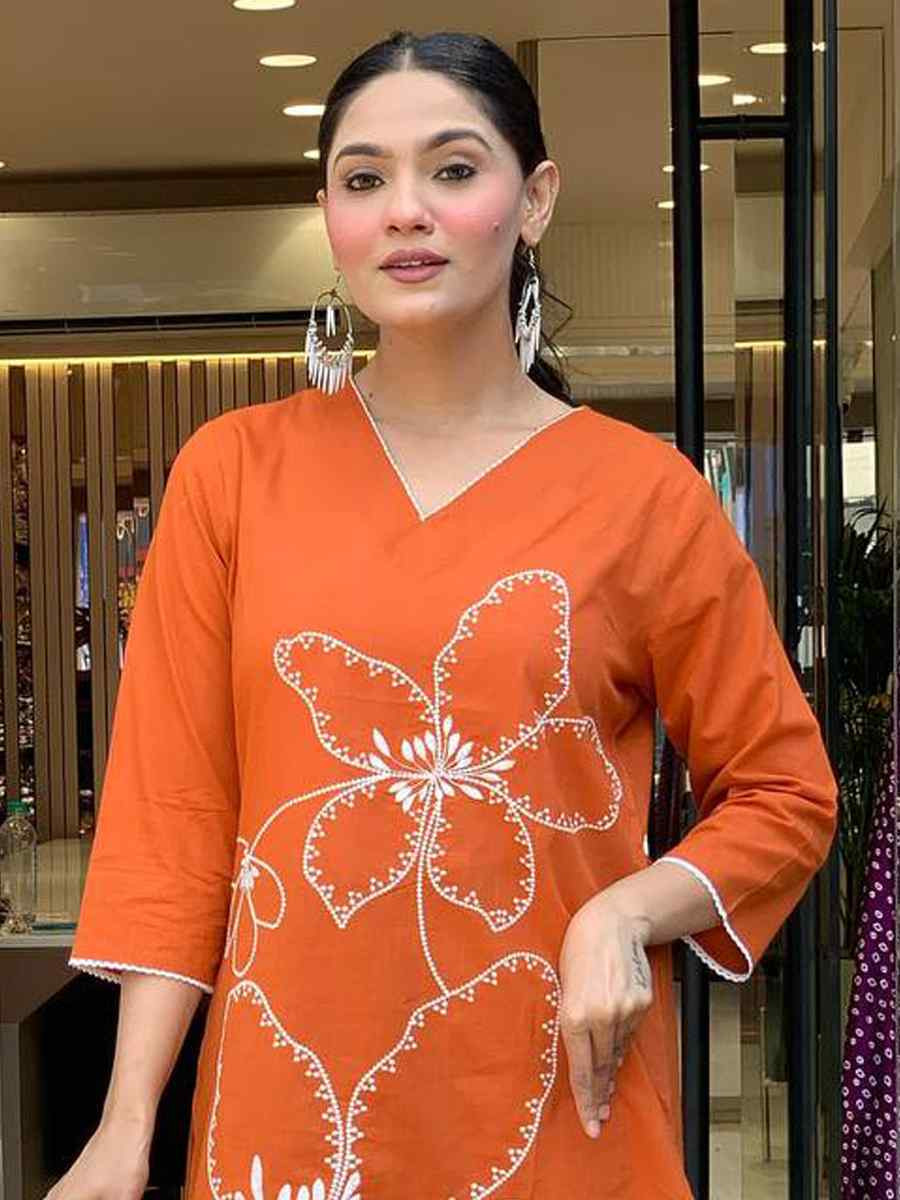 Orange Viscose Chanderi Embroidered Festival Casual Ready Pant Salwar Kameez