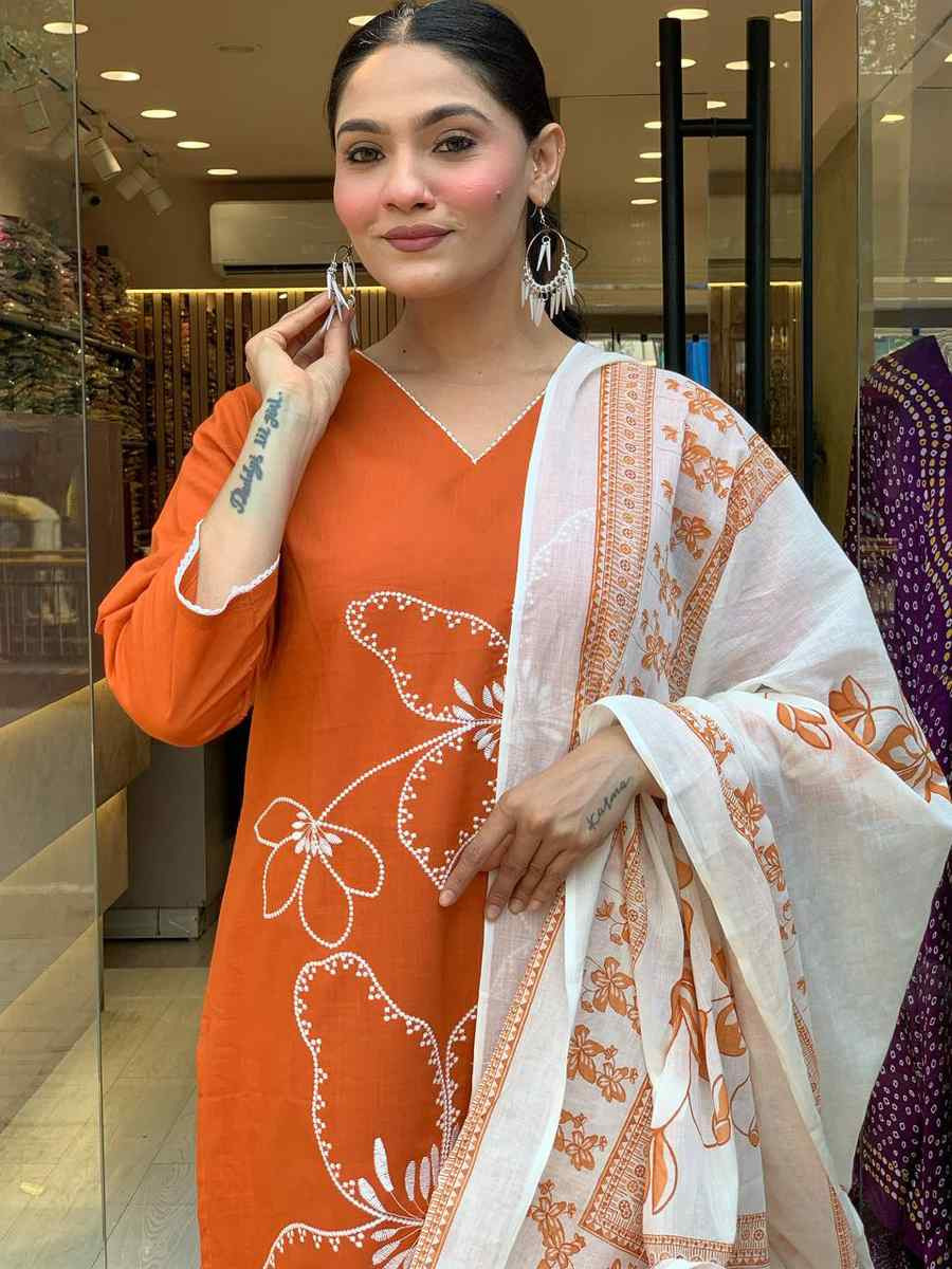 Orange Viscose Chanderi Embroidered Festival Casual Ready Pant Salwar Kameez