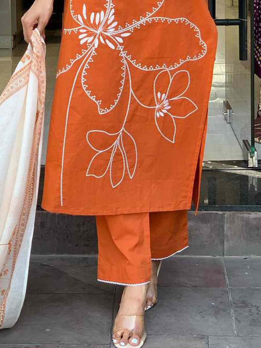 Orange Viscose Chanderi Embroidered Festival Casual Ready Pant Salwar Kameez