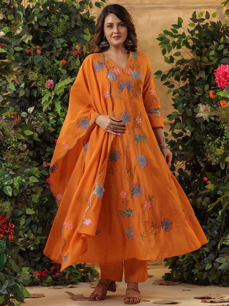 Orange Viscose Chanderi Embroidery Party Wedding Festival Casual Ready Anarkali Pant Salwar Kameez