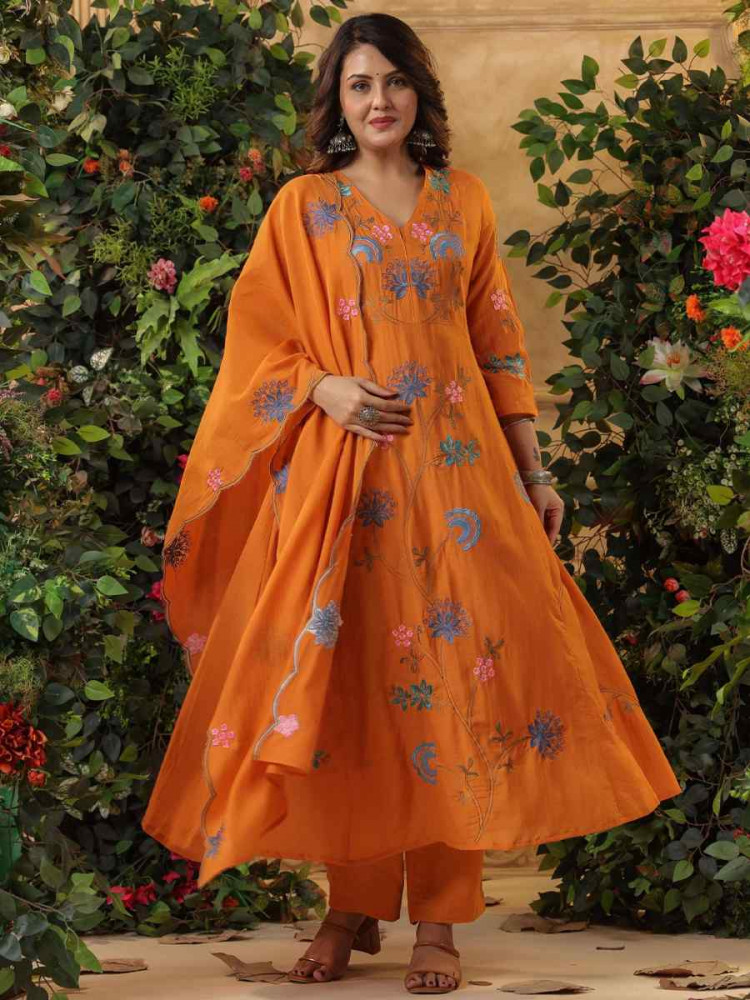 Image of Orange Viscose Chanderi Embroidery Party Wedding Festival Casual Ready Anarkali Pant Salwar Kameez