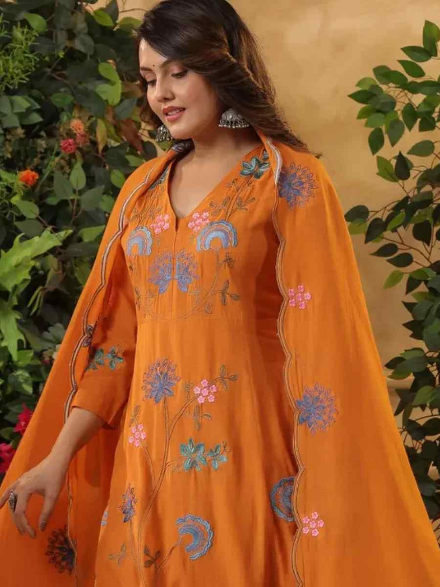 Orange Viscose Chanderi Embroidery Party Wedding Festival Casual Ready Anarkali Pant Salwar Kameez