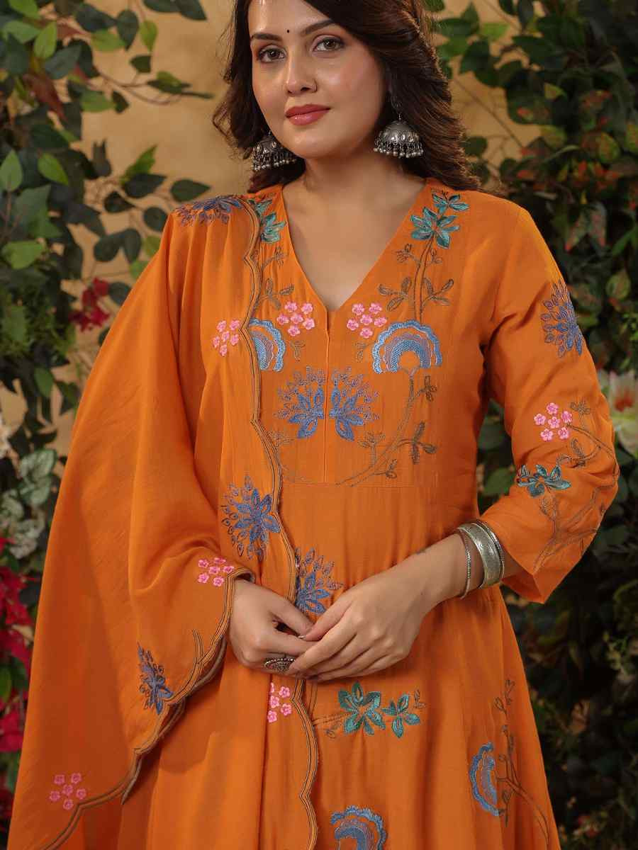 Orange Viscose Chanderi Embroidery Party Wedding Festival Casual Ready Anarkali Pant Salwar Kameez