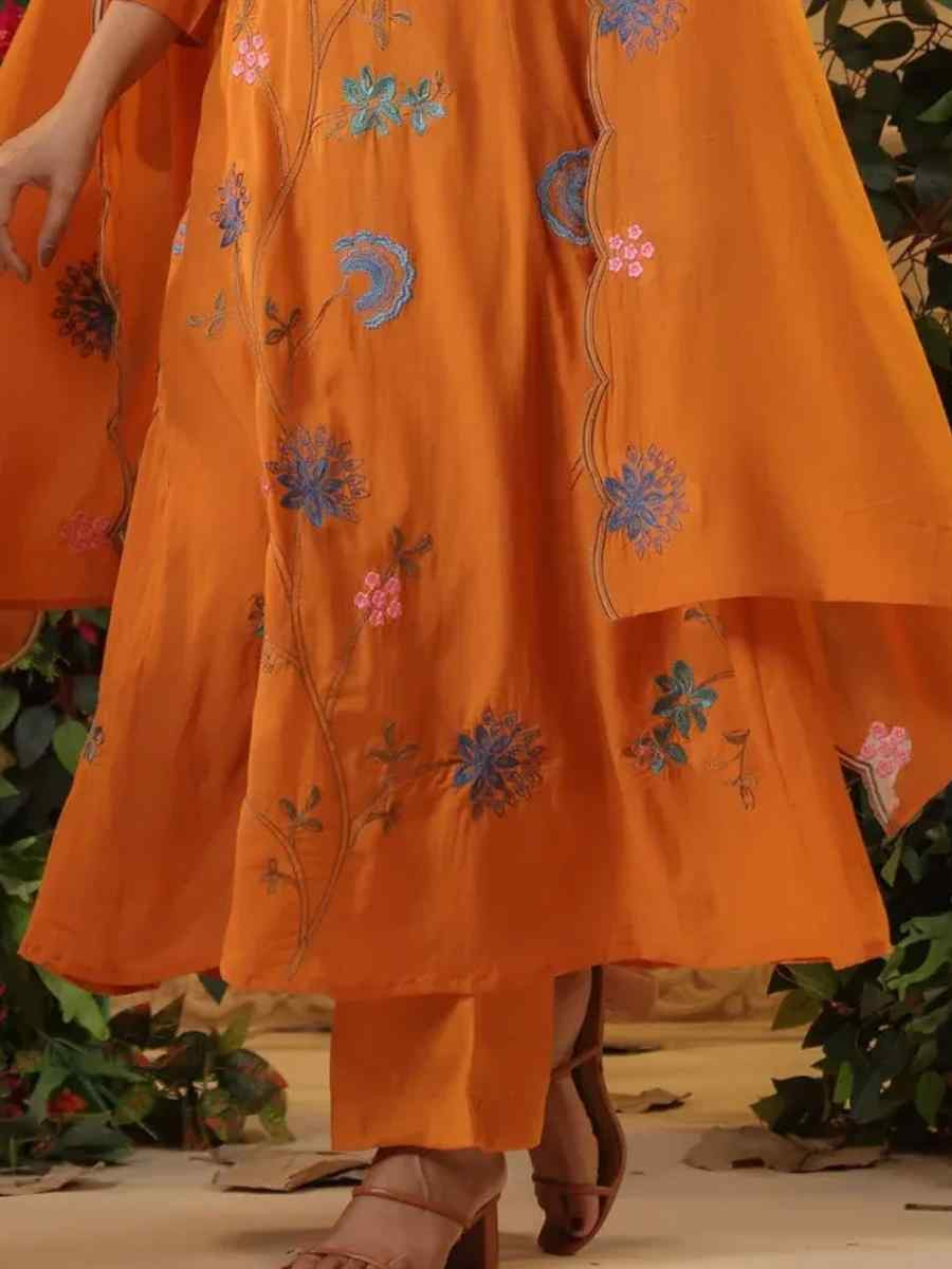 Orange Viscose Chanderi Embroidery Party Wedding Festival Casual Ready Anarkali Pant Salwar Kameez