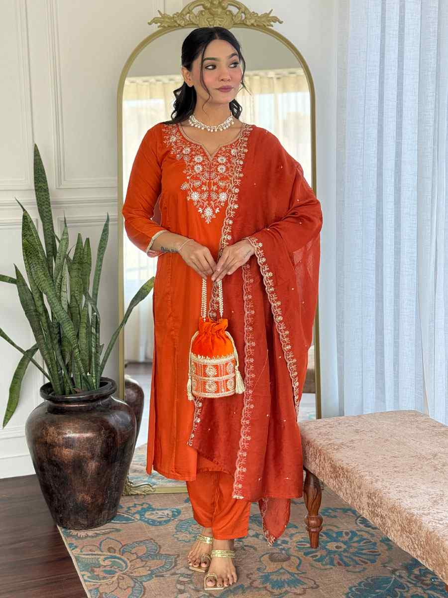 Orange Viscose Chinon Printed Party Casual Ready Pant Salwar Kameez