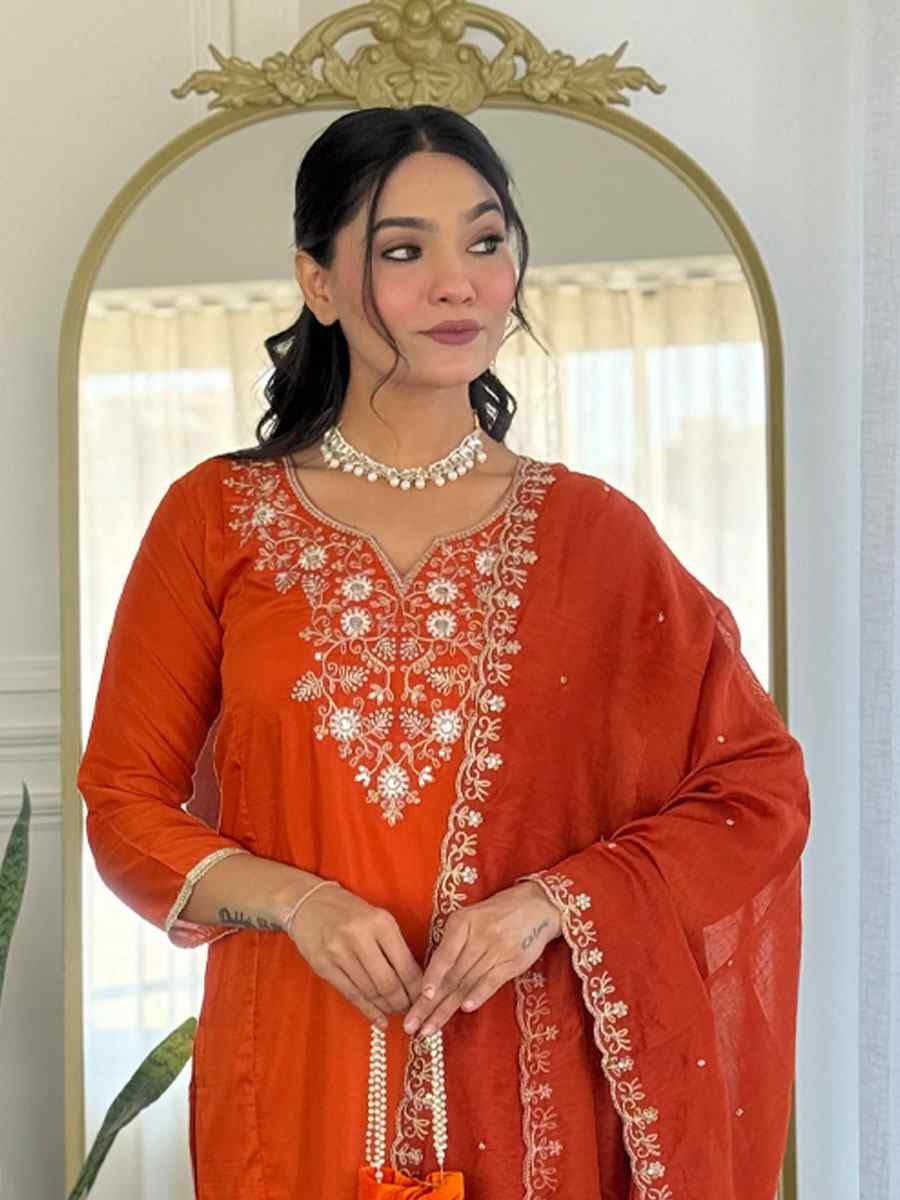 Orange Viscose Chinon Printed Party Casual Ready Pant Salwar Kameez