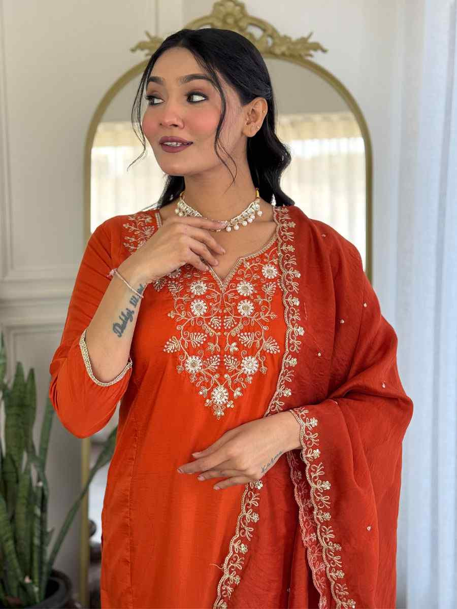 Orange Viscose Chinon Printed Party Casual Ready Pant Salwar Kameez