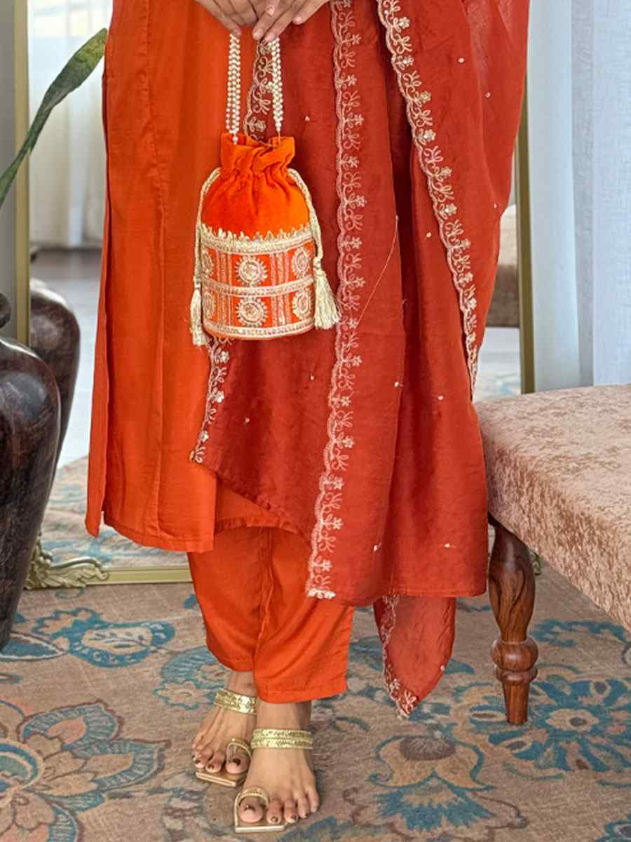 Orange Viscose Chinon Printed Party Casual Ready Pant Salwar Kameez