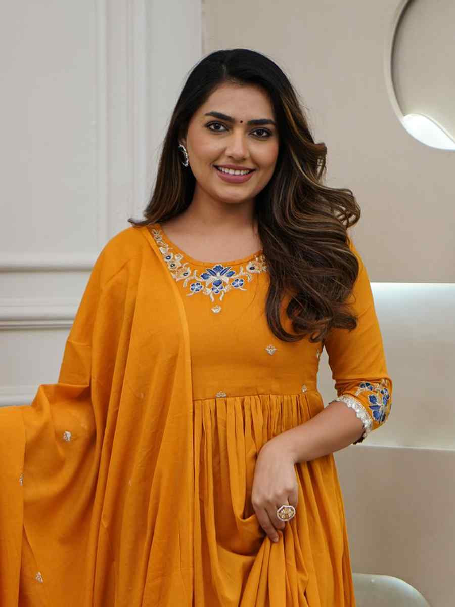 Orange Viscose Embroidered Party Wedding Ready Pant Salwar Kameez