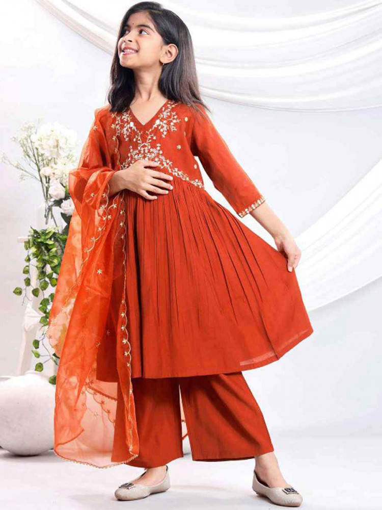Image of Orange Viscose Embroidered Wedding Festival Salwars Girls Wear