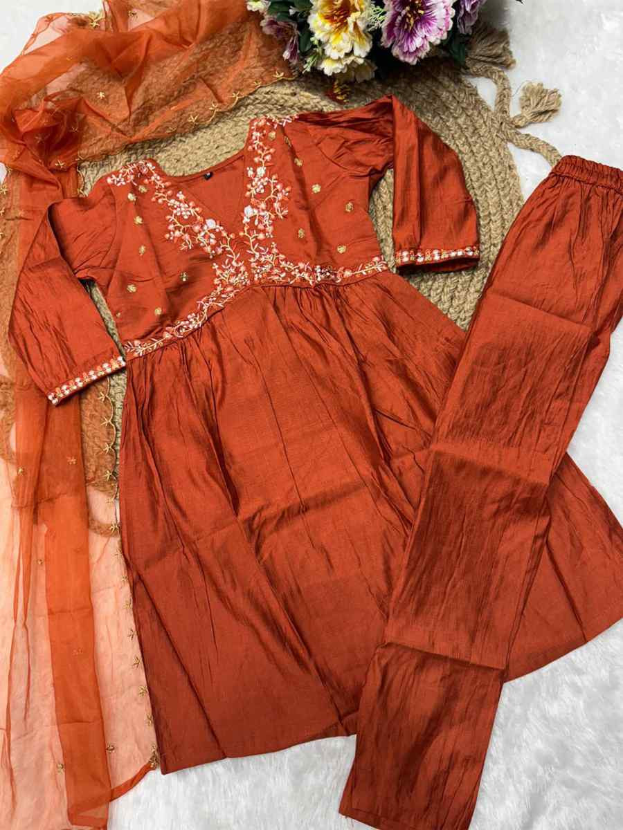 Orange Viscose Embroidered Wedding Festival Salwars Girls Wear